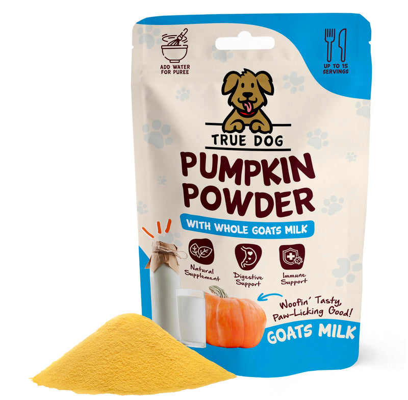 True Dog Pumpkin Powder with Goats Milk 100g | Natural Pumpkin Puree Powder for Dogs, Digestive Supplement, Stool Firming, High Fibre Dog Food Topper, Manufactured in the UK