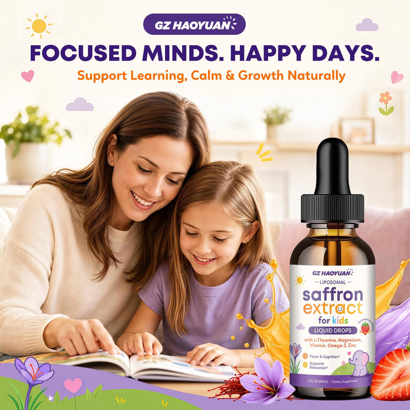 Liposomal Kids Saffron Drops, Saffron Supplements for Kids with L-Theanine, Magnesium, Omega-3 DHA EPA, Vitamin D3 & B12, Focus & Calm Mood Support for Children, Strawberry Flavor, 2 FL OZ
