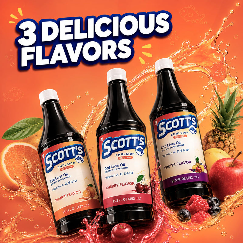 SCOTT'S EMULSION Cod Liver Oil Liquid for Kids – Fruits Flavor – Supports Growth, Immunity & Bone Health – Rich in Omega 3 & Vitamins A+D – Easy-to-Take Fish Oil – 6.5 Fl Oz Fruit Punch 6.5 Fl Oz (Pack of 1)
