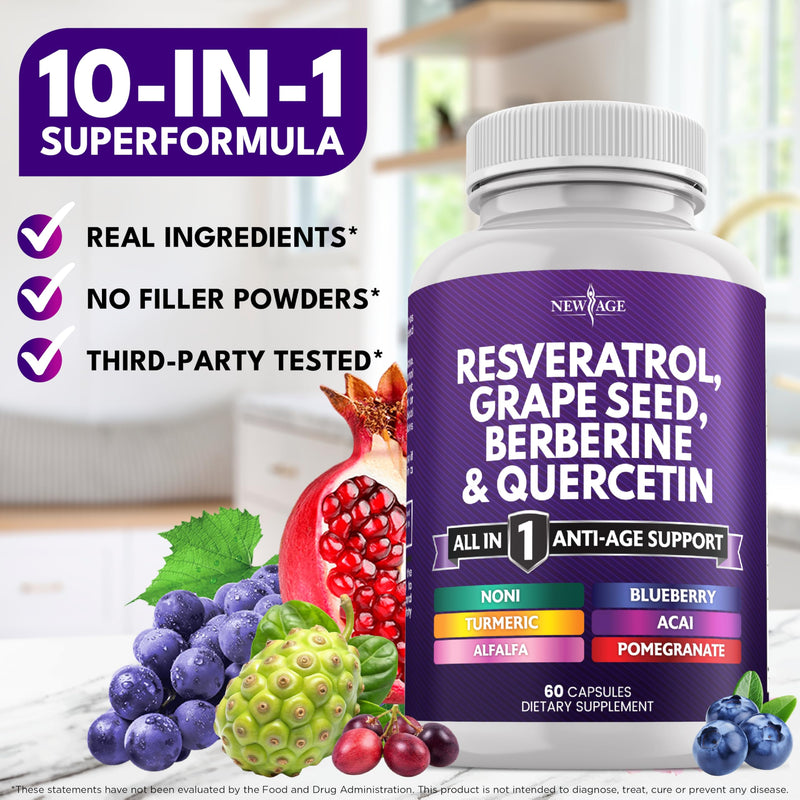 NEW AGE Resveratrol, Berberine, Grape Seed Extract, Quercetin, Polyphenol Supplement for Women and Men with Noni, N-Acetyl Cysteine, Acai - 180 Capsules 180 Count (Pack of 1)