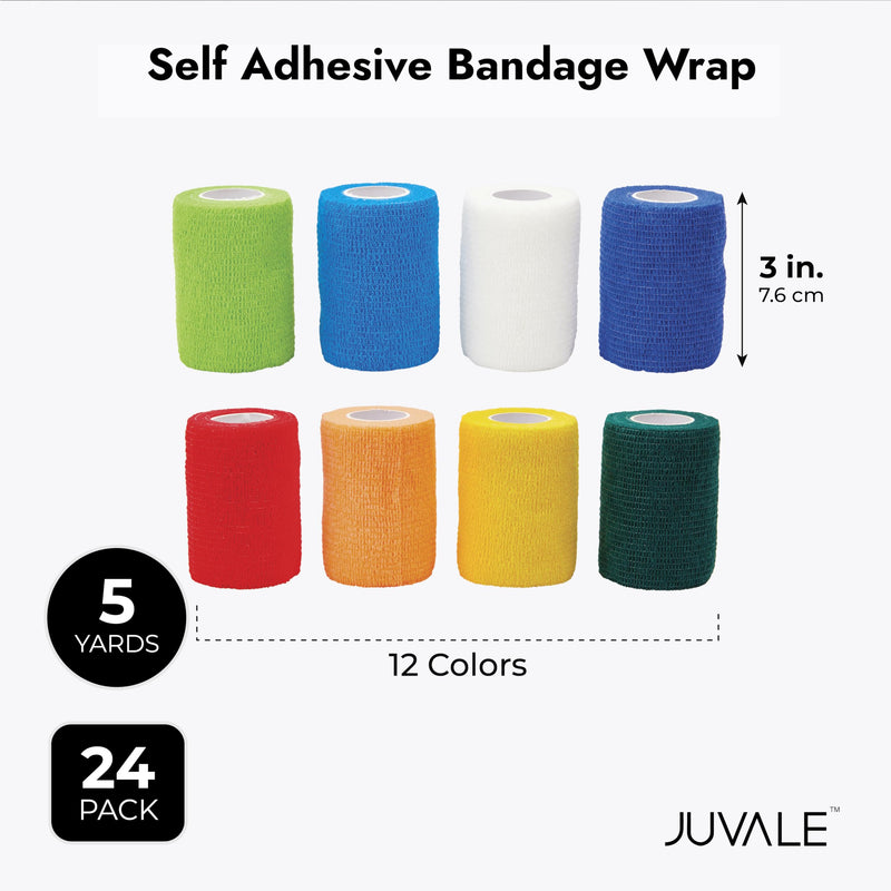 Juvale 24 Rolls Self Adhesive Bandage Wrap 3 Inch x 5 Yards - Stretch Cohesive Medical Tape for Vet, First Aid, Tattoo (12 Colors) - BeesActive Australia