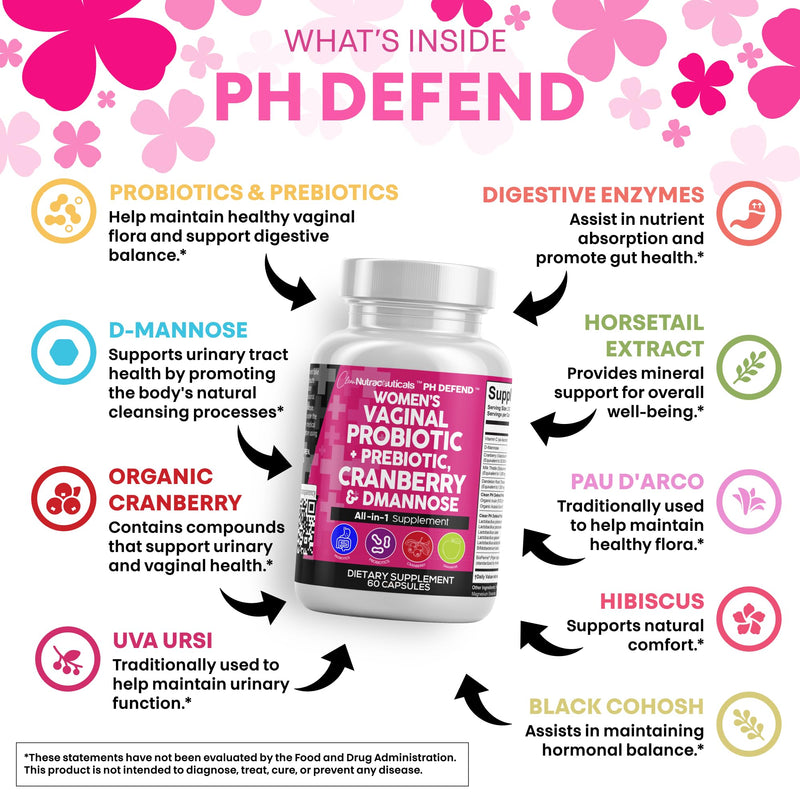 Clean Nutraceuticals Vaginal Probiotics for Women + Prebiotics 20 Billion Cranberry Pills w D-Mannose 500 mg for Urinary Tract Health pH Balance - for Vaginal Health Supplements Pills - 2Pack 2
