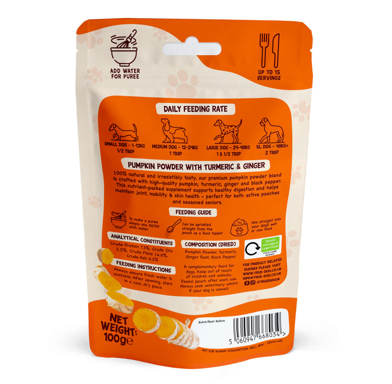 True Dog Pumpkin Powder with Turmeric 100g | Natural Pumpkin Puree Powder for Dogs, Digestive Supplement, Stool Firming, High Fibre Dog Food Topper, Manufactured in the UK