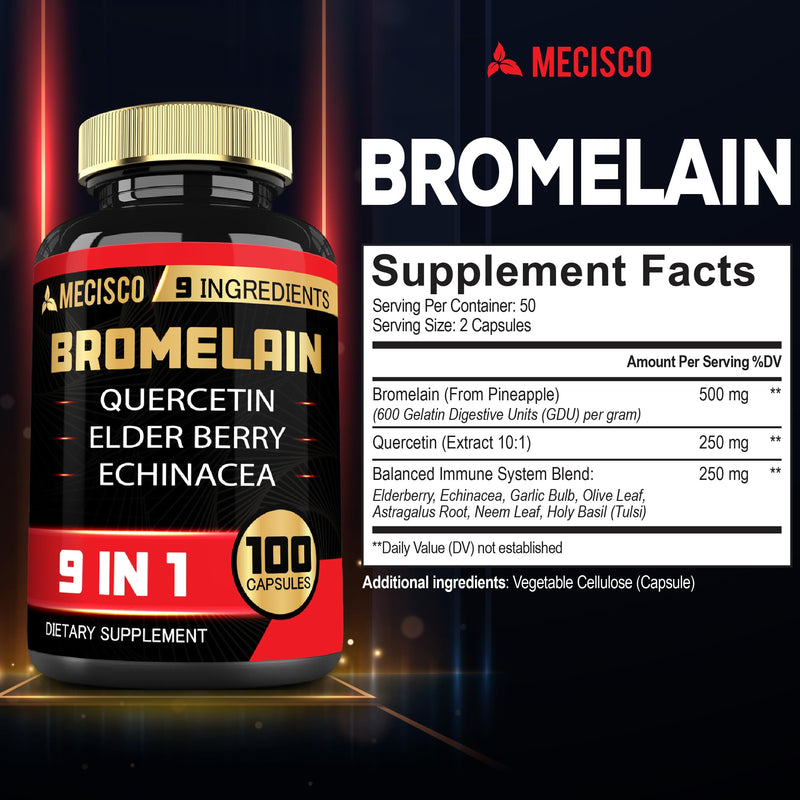 Bromelain 1000mg with Quercetin, Elderberry, Echinacea & More Supplement - 100 Capsules - Bromelain Quercetin Supplement Supports Digestive System, Joint Health & Balanced Immune System - BeesActive Australia