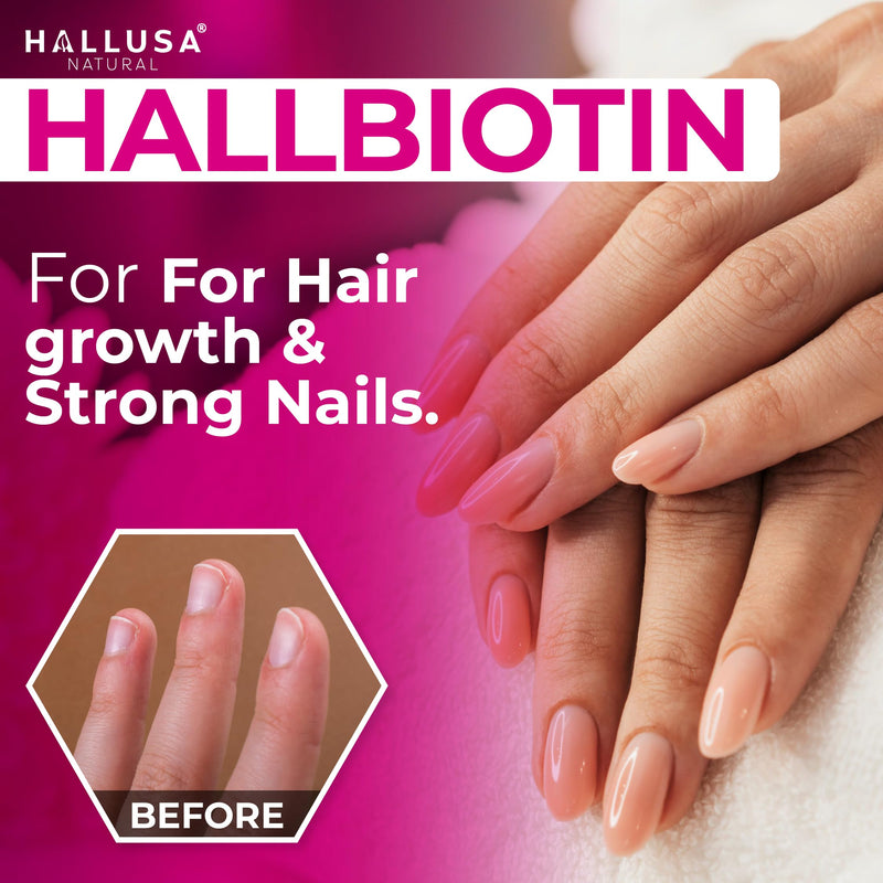 Hallusa Natural Biotin 10,000mcg, 60 Capsules, Healthy Hair, Skin & Nails - Pastillas para la caída del Cabello - Crecimiento del Cabello – Crecimiento de la Barba - Alopecia y calvicie