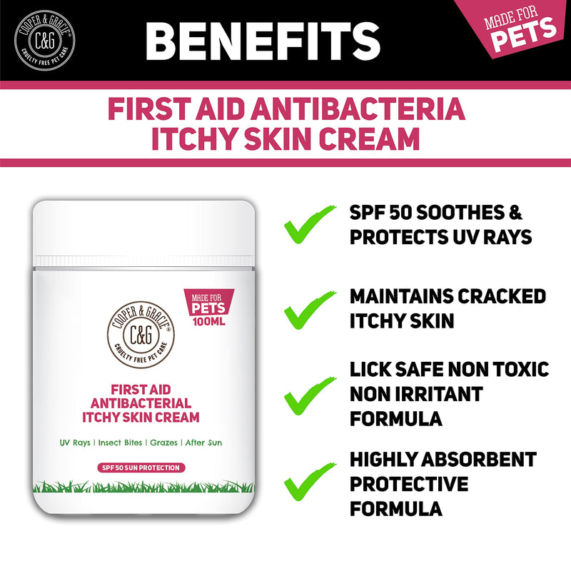 C&G Pets First Aid Antibacterial Itchy Skin Cream with SPF 50 | Natural Essential Oil | Maintains Cracked Itchy Skin | Lick Safe Non-Toxic Non-Irritant | Highly Absorbent Sun Cream for Dogs 100ml
