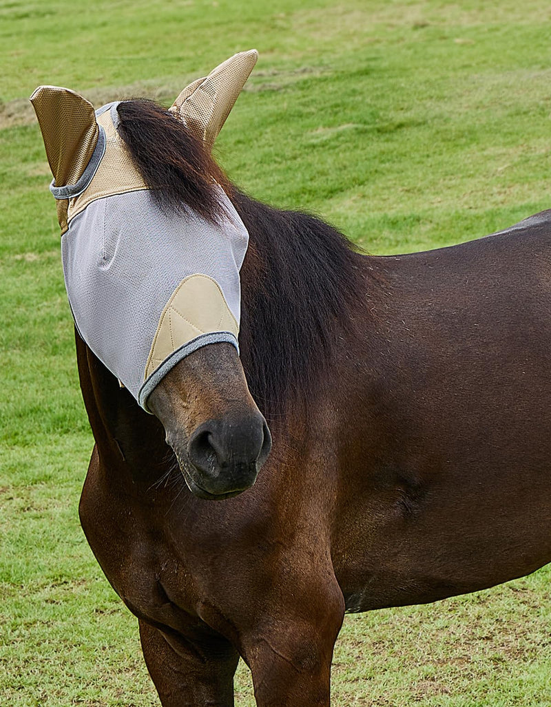 DEERFAMY Fly Masks for Horses,Breathable UV Protection Net Mesh Mask Stretchy Mesh Large Eye Space in Full Coverage,Soft & Gentle on Skin,with Ears,No Nose（Gold, L） Gold Horse(L) - BeesActive Australia