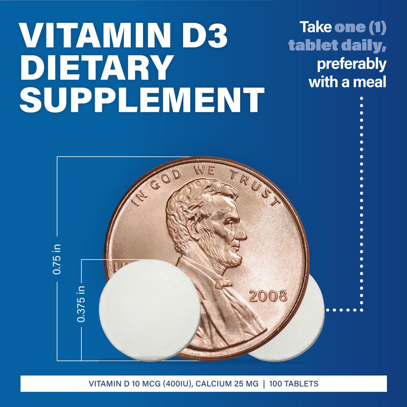 MAJOR Vitamin D3 10mcg (400 IU) - Contains 25mg of Calcium - Dietary Supplement - 100 Tablets (1 Pack) 1 Count (Pack of 1)