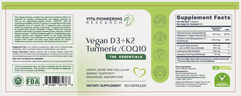 5-in-1 Vitamin D3 2000IU + K2Vital Vitamin K2 with Turmeric and COQ10 - with Avocado Powder for Enhanced Absorption - Heart, Bone, Cellular Health Support