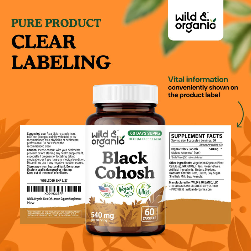 Wild & Organic Black Cohosh for Women Capsules 540 mg - Natural Support - Black Cohosh Root Supplement - Actaea Racemosa Herb - 60 Days of Supply - Vegan, No Fillers, Non-GMO - 60 Count