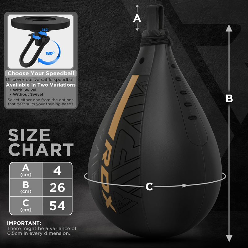 RDX Speed Bag Boxing Ball, Maya Hide Leather Dodge Striking Target with Additional Bladder, MMA Muay Thai Punching Workout Kicking Martial Arts Training Home Gym Exercise Speedball BLACK GOLDEN Speed Bag with Swivel