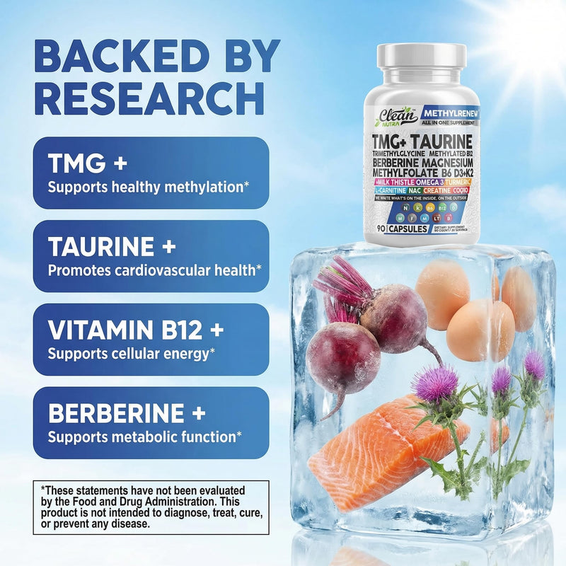 Clean Nutra TMG Supplements 1000mg | Methylated Multivitamin for Women Men | Taurine B6 Vitamins B12 D3 K2 Trimethylglycine Magnesium Methylfolate Milk Thistle NAC COQ10 B Supplement Complex Capsules