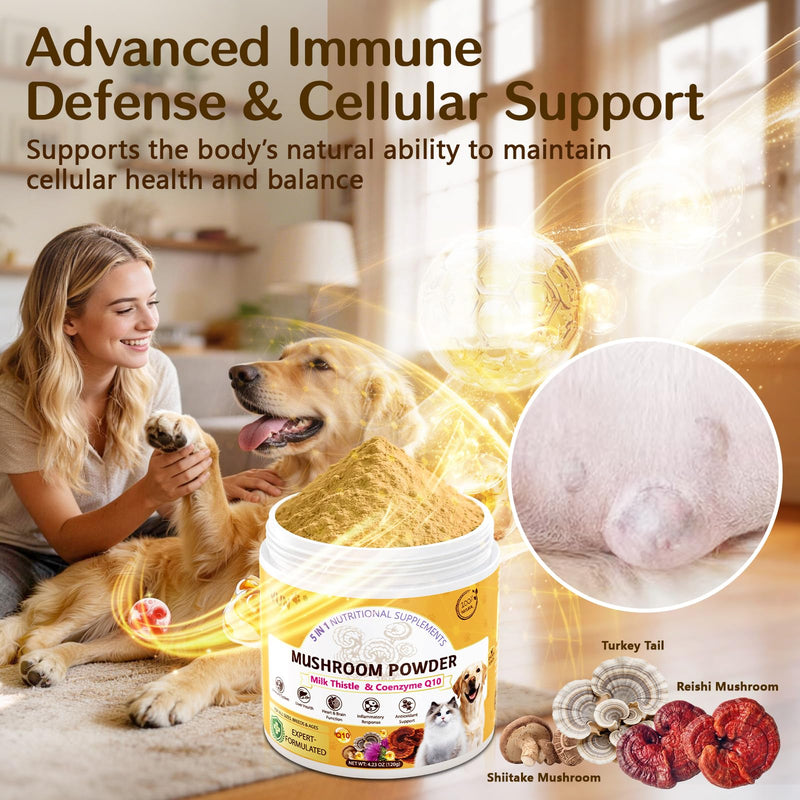 VUN Turkey Tail Mushroom for Dogs, Mushroom Powder for Dogs & Cats Lipoma for Immune,Heart,Liver,Antioxidant Daily Wellness Supplement with Reishi & Shiitake Blend-120g