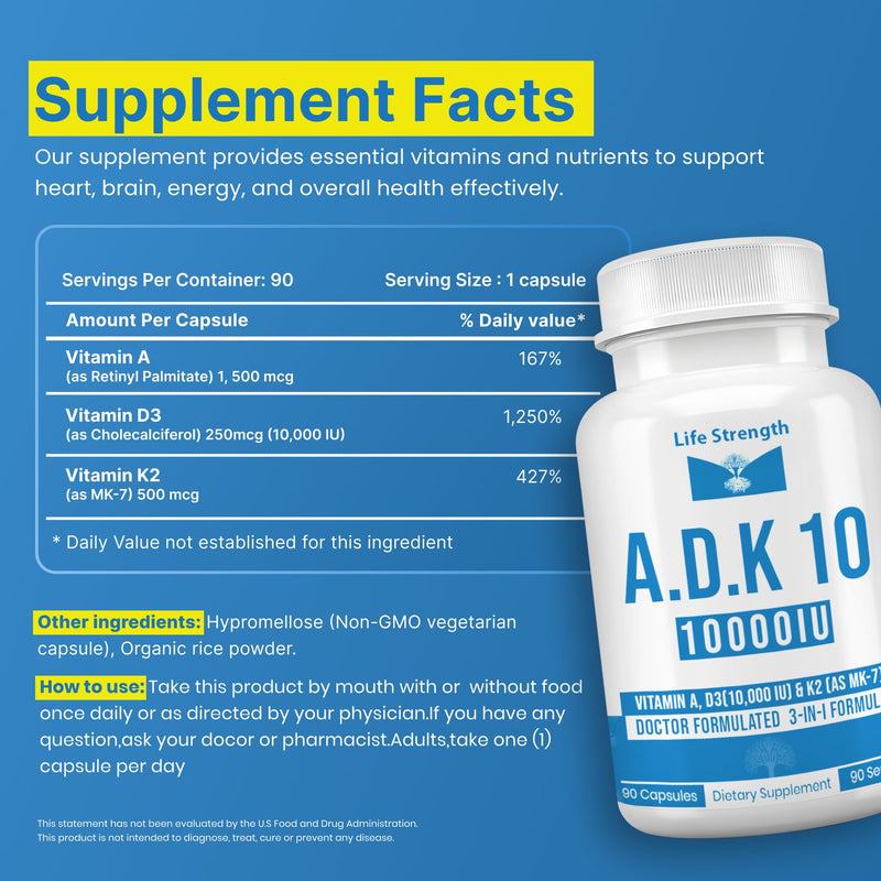 ADK 10 Supplement (180 Count) - Physician Formulated Vitamins A1, D3 & K2 (as MK7) for Bone Health - Immune System Support - Gluten Free, Soy Free, Non-GMO - 90 Capsules 2 PK 180CT