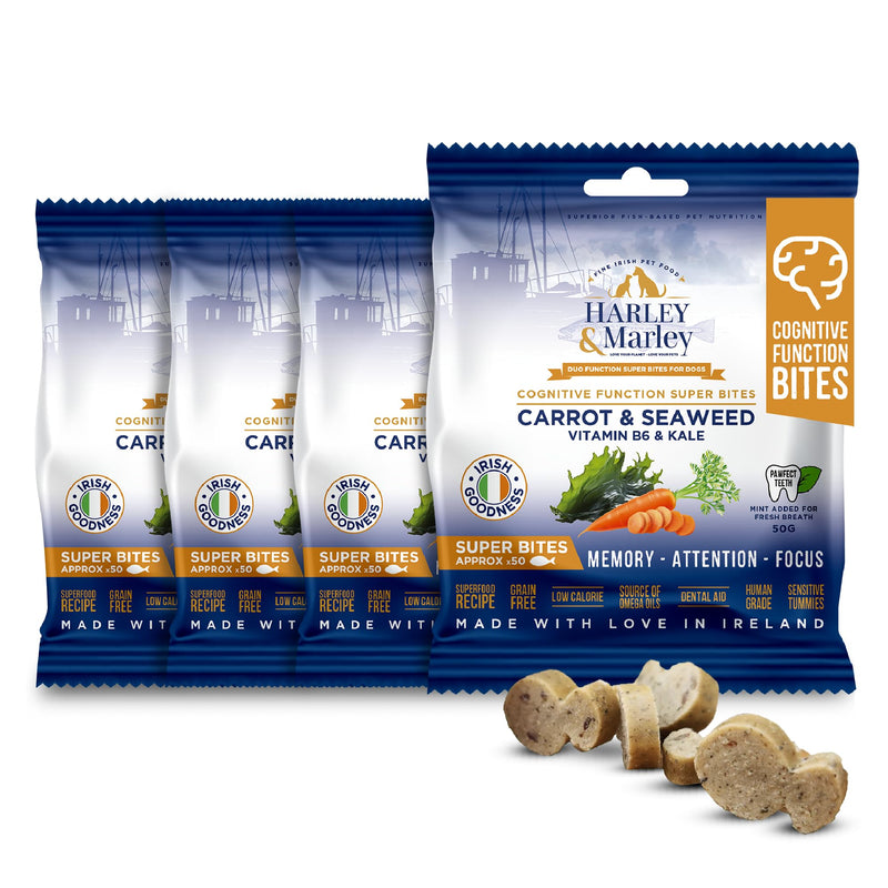 Harley & Marley Cognitive Function Super Bites for Dogs - Natural Brain Health Support with Carrot, Seaweed, Vitamin B6 & Kale - Supports Cognitive Development & Mental Focus - 4pk (50/pk) Pack of 4