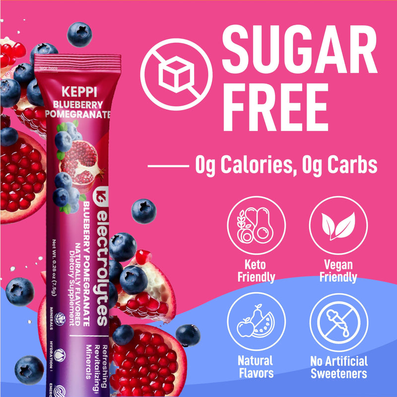 Keppi Electrolytes Powder Packets – Blueberry Pomegranate 30 Servings – No Sugar Hydration Supplement with Potassium, Magnesium, Sodium – Keto, Vegan, Fasting-Friendly, Zero Calorie Hydration Packets 30 Servings - Stick Packs