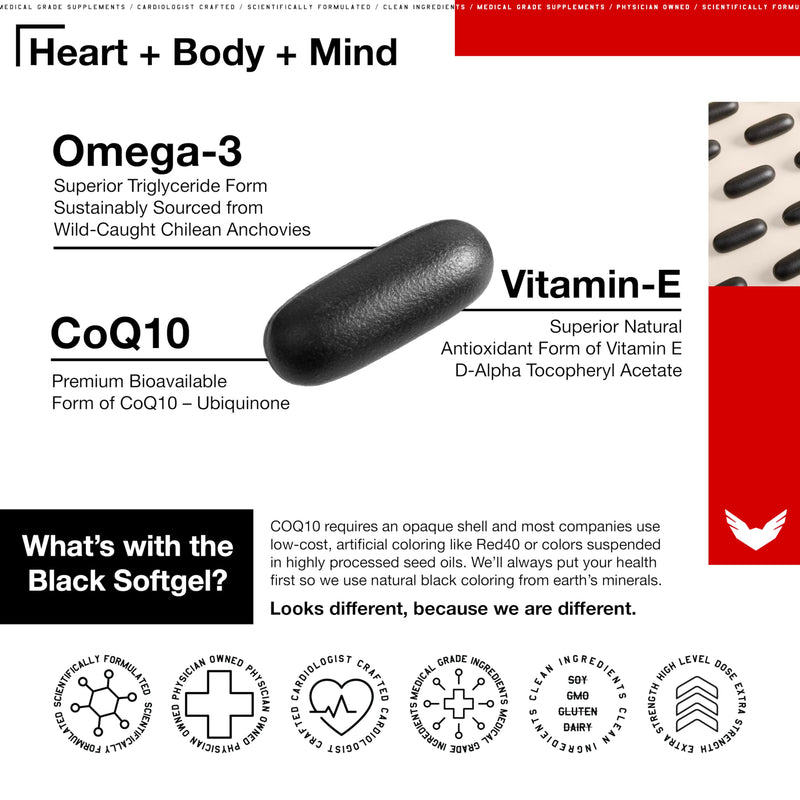 High Level Science CoQ10 + Omega-3 Fish Oil | Cardiologist Formulated Heart Health Supplement | 200mg CoQ10, EPA & DHA, Vitamin E | Triglyceride Form Omega-3 for Heart, Brain & Energy | 60 Softgels 1