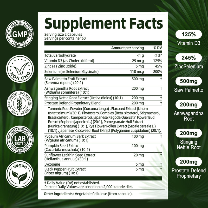 Organic Saw Palmetto - Prostate Health Supplements for Men with Ashwagandha Root, Stinging Nettle, Pumpkin Seed, Prostate Defend Propnietary Blend, DHT Blocker, 120 Count 120 Count (Pack of 1) - BeesActive Australia