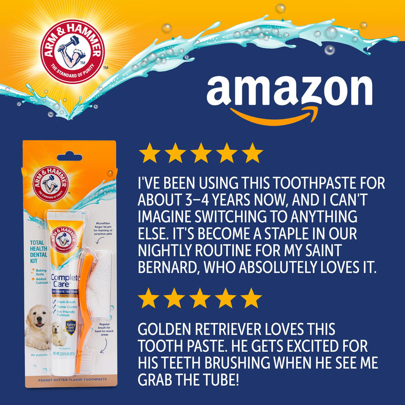 Arm & Hammer Complete Care Puppy Dental Kit, Enzymatic Toothpaste with Baking Soda and Calcium for Dogs, Peanut Butter Flavor, Toothbrush and Microfiber Brush Included, Fluoride-Free, 2.5 Oz - 2 Pack