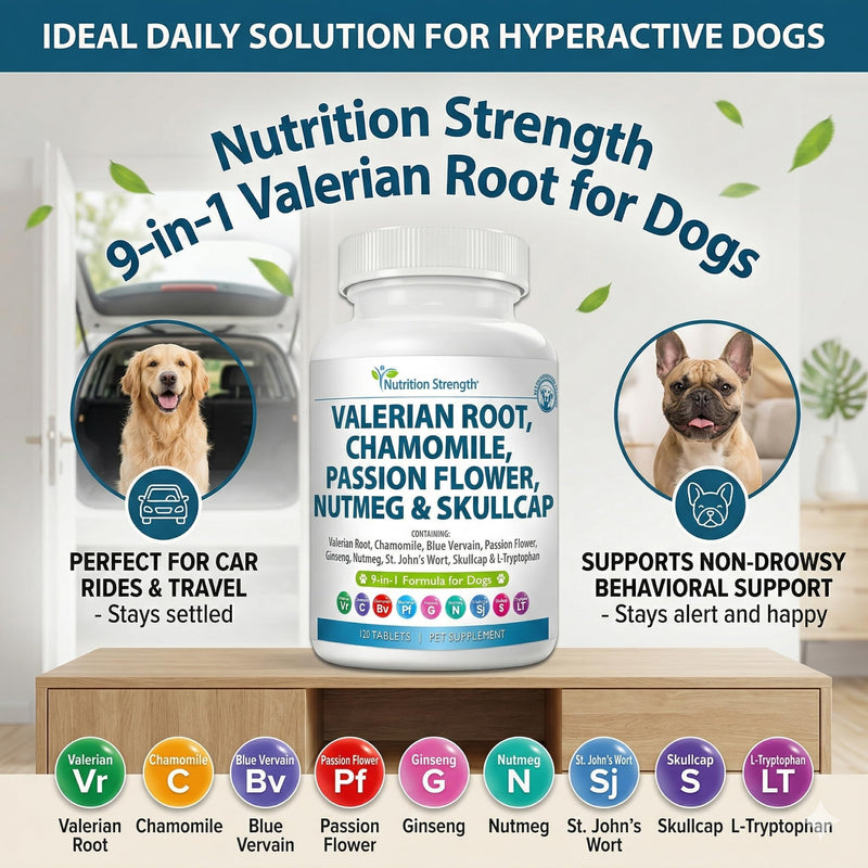 9-in-1 Valerian Root for Dogs 200mg, Chamomile 160mg, Blue Vervain, Passion Flower, Ginseng, Nutmeg, St John's Wort, L-Tryptophan for Dog Stress Relief & Calming, 120 Tablets