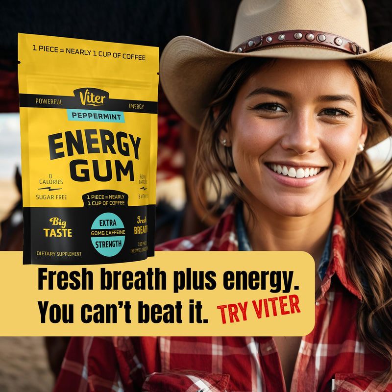 Viter Energy 60mg Caffeine Gum (Peppermint Flavor, 180 Pieces) - Sugar Free, Vitamin B3, B6, B9, B12, Zero Calories, Caffeinated Energy Chews, Nootropic Focus Supplement for Men & Women Peppermint 180 Count (Pack of 1)