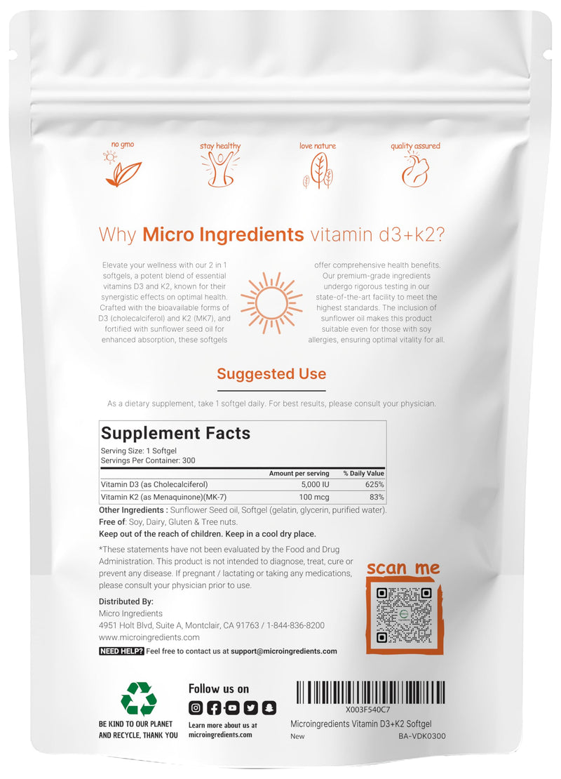 Micro Ingredients Vitamin D3 5000 IU with K2 100 mcg, 300 Soft-Gels | K2 MK-7 with D3 Vitamin Supplement, 2 in 1 Support Immune, Heart, Joint, Teeth & Bone Health - Easy to Swallow 5,000 IU Sunflower Softgels 300 Count (Pack of 1) - BeesActive Australia