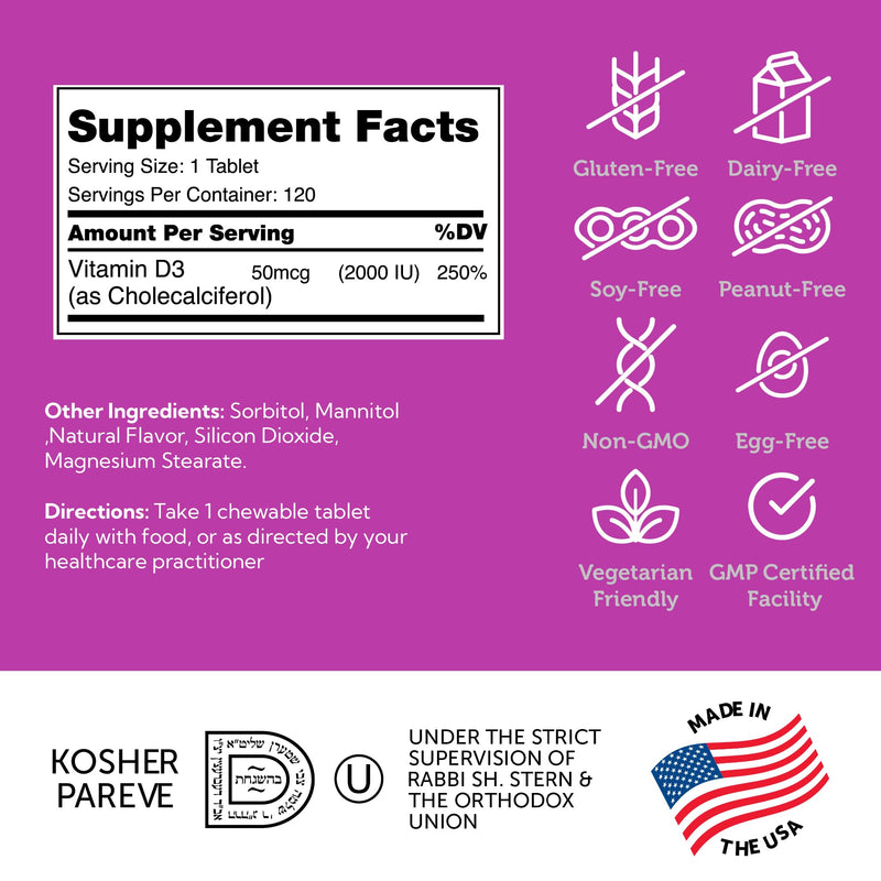Zahler Vitamin D3 CHEWABLE 2000IU, an All-Natural Supplement Targeting Vitamin D Deficiencies, Certified Kosher, 120 Great Tasting Orange Flavored Tablets 120 Count (Pack of 1)