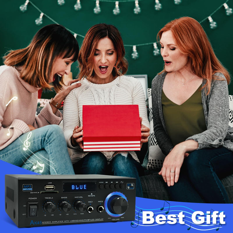 AK45 Stereo Home Audio Amplifier, 5.0 Mini Bluetooth Receiver, 300W *2 Blutooth HiFi Stereo Power Amplifier 2.0 Channel RMS 40W x 2 Home Stereo System with Remote Control Amp W/MIC,USB, RCA,FM Radio