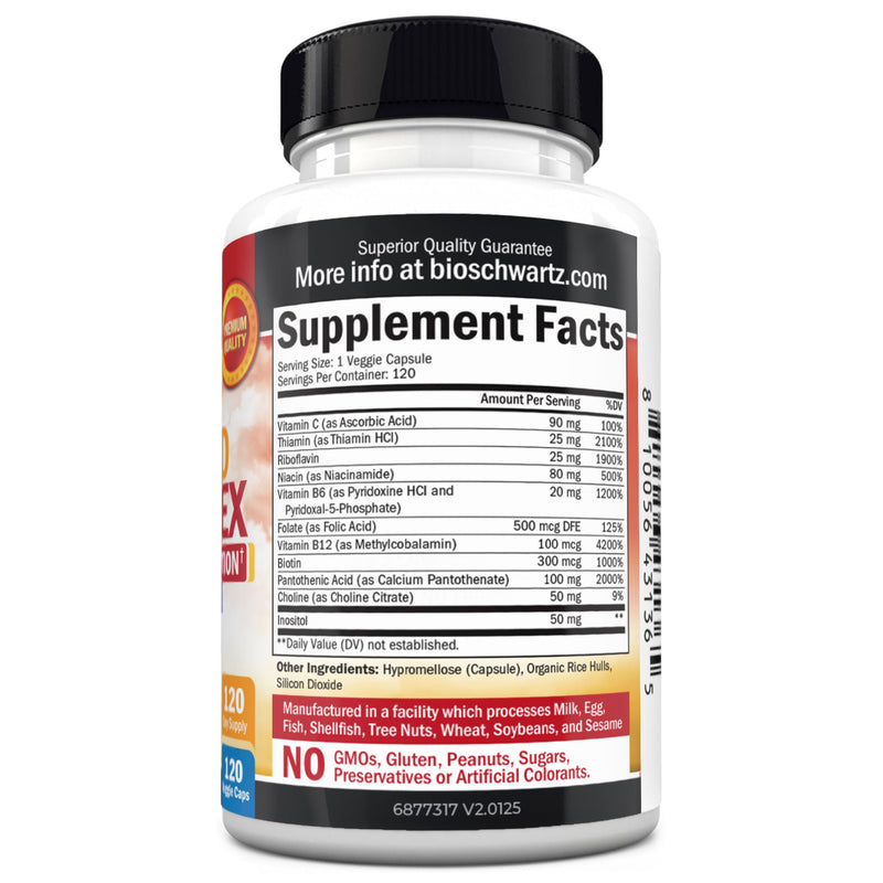 Vitamin B Complex with Vitamin C for Maximum Absorption, 60 Capsules | Methylcobalamin b12 & Folate Folic Acid Supplement - B1 B2 B3 B5 B6 B7 B9 for Energy, Immune & Nervous System Support 60 Count (Pack of 1)