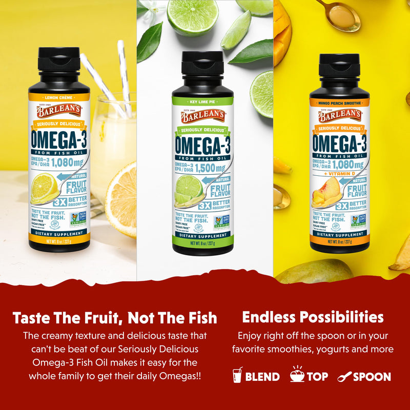 Barlean's Omega-3 Fish Oil Liquid, 1500mg EPA & DHA, Variety Pack, 8oz | Wild-caught, EPA DHA omega-3, 3 flavors, Burpless, Non-GMO, Gluten-free, Supports heart, brain, eye & immune health 8 Fl Oz (Pack of 3)