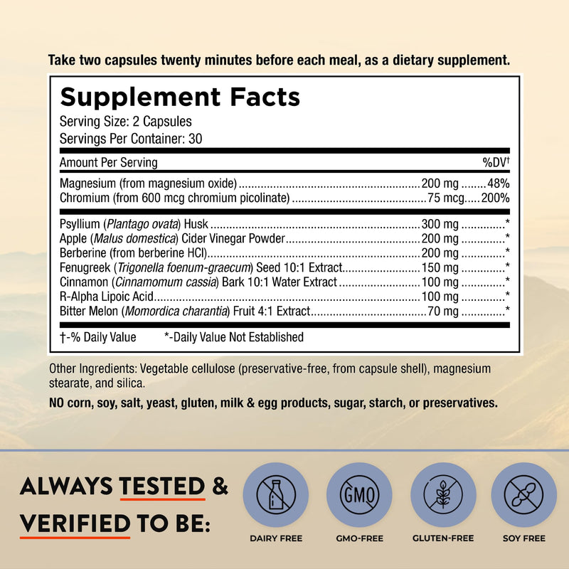 Mt. Angel Vitamins Blood Sugar Support Supplement - Natural Supplement with Pysllium Husk, Berberine with Ceylon Cinnamon, and Apple Cider Vinegar - Supports Healthy Blood Sugar Levels - 60 Capsules