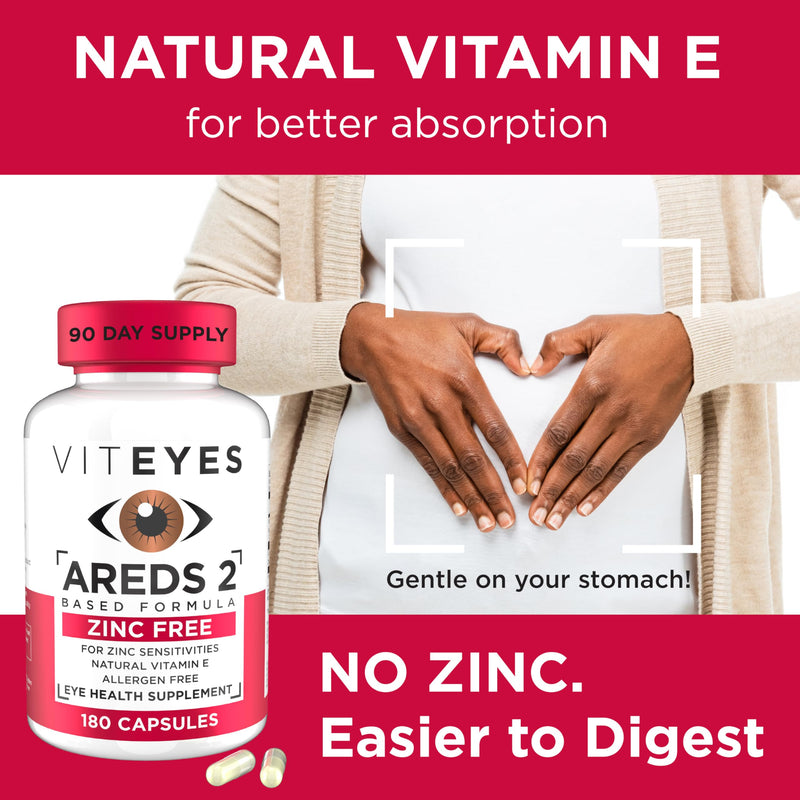 Viteyes AREDS 2 Zinc Free Macular Support, Natural Allergen Free Capsules with Vitamin E, Vitamin C, Lutein & Zeaxanthin, No Zinc, No Copper, Eye Doctor Trusted, Manufactured in the USA, 60 Ct 60 Count (Pack of 1)