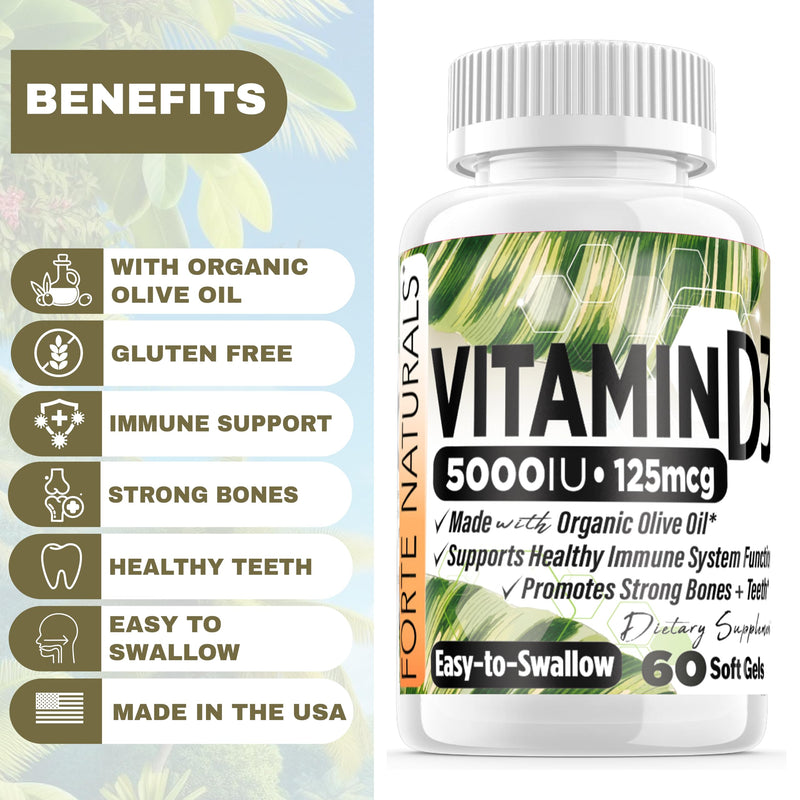 Vitamin D3 5000 IU Supplement 125 mcg Soft Gels Specially for Sensitive Stomachs Supplements with Organic Olive Oil Best Vitamin D3 Supplement for Women & Men Made in USA