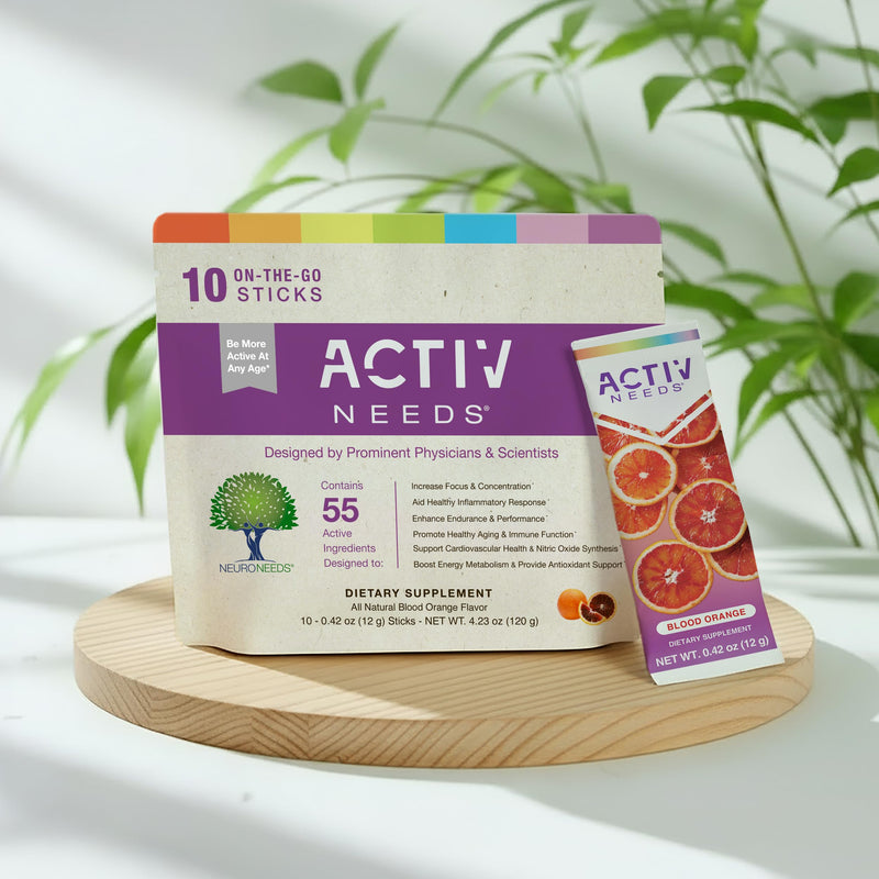 ActivNeeds Stick Packs by NeuroNeeds – 55 Ingredient Mitochondrial Energy Powder, Nootropic Blend for Focus, Endurance and Recovery, Vegan, Gluten-Free, Blood Orange (10 Servings) 0.42 Ounce (Pack of 10)