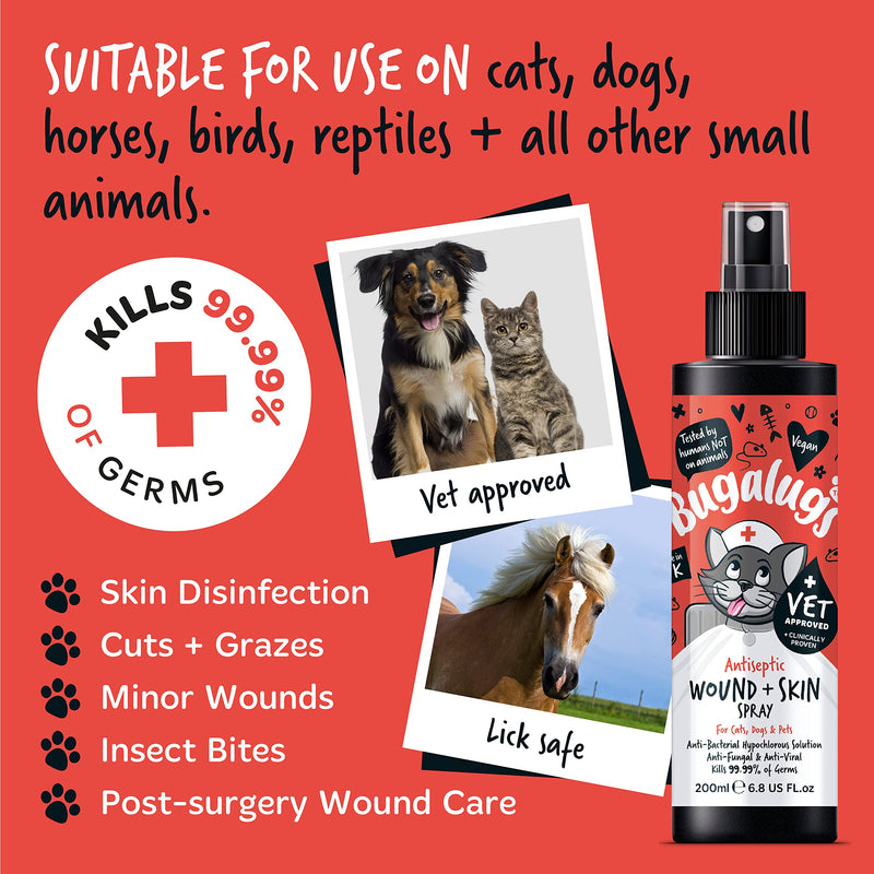 BUGALUGS Cat Wound & Skin Antiseptic spray 200ml - Antibacterial, Antiviral, Antifungal spray for itchy cat skin relief - Hypochlorous acid essential first aid kit for Cats and Pets Cat 200ml