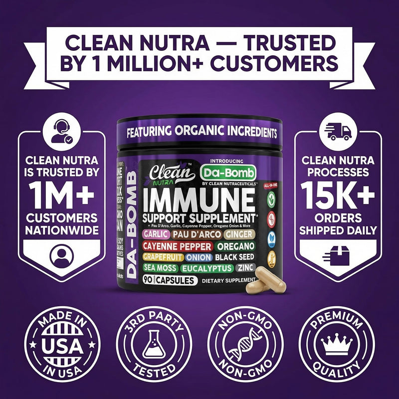 Organic Immune Support with PAU D'Arco Garlic Cayenne Pepper Oregano Ginger Grapefruit Onion Black Seed Sea Moss Black Pepper Zinc Eucalyptus Vitamin C Vitamin D Organic Soursop By Clean Nutra 1
