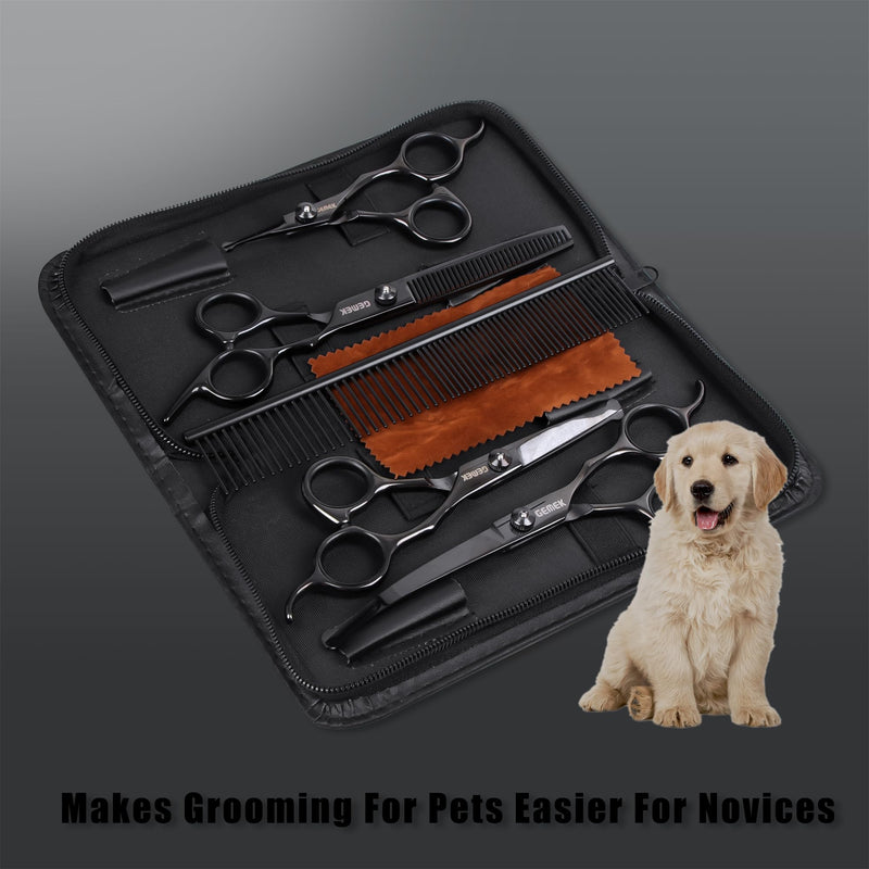 Dog Grooming Scissors Set with Round Safety Tips, GEMEK Professional 6 in 1 Dog Grooming Scissors, Titanium Coated Heavy Duty Scissors for Dogs, Cats and Other Animals (Black) Black - BeesActive Australia