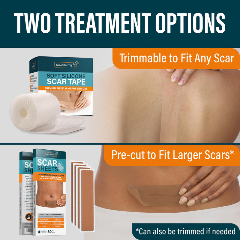 NUVADERMIS Silicone Scar Tape for Surgical Scars - 120" x 1.5" Roll - Extra Long Medical Grade Silicone Scar Tape for C-Section, Tummy Tuck, Keloid, and Surgical Scars - Reusable Tape Strips - 2 Pack