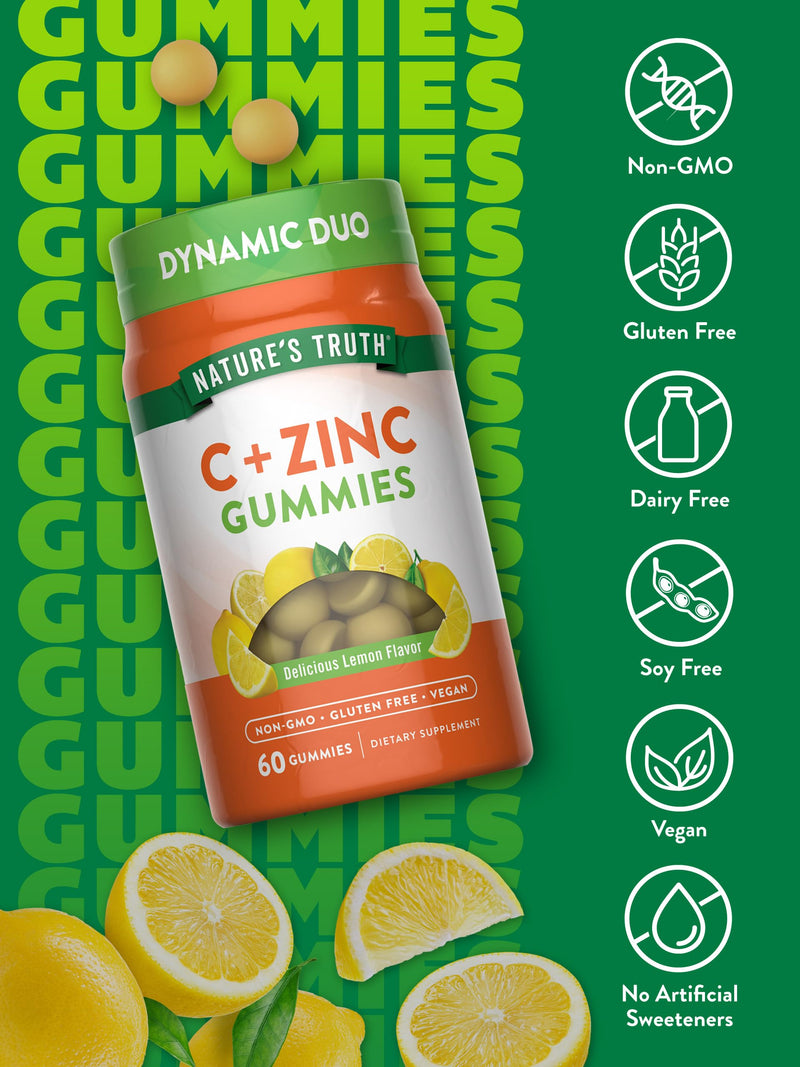 Nature's Truth Vitamin C Gummies with Zinc for Adults | 60 Count | Immune Support | Vegan, Non GMO & Gluten Free Supplement 60 Count (Pack of 1)