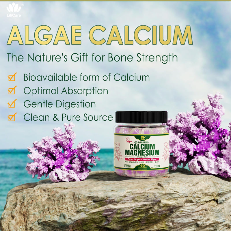 2 Pack - Plant Based Calcium Gummies 600mg with Vitamin D3 K2, Magnesium, Zinc for Bone Strength, Sugar Free Calcium Supplements for Women & Men (Certified Vegan) from Sustainably Organic Red Algae 60 Count (Pack of 2)