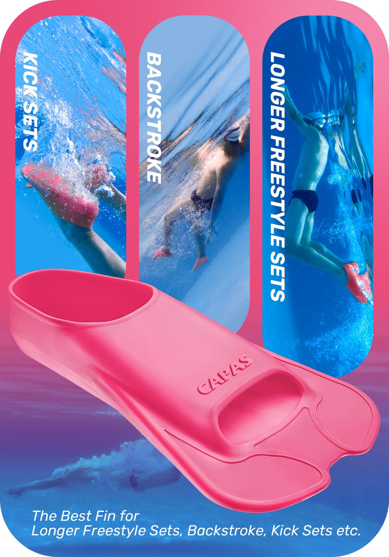 CAPAS Swim Training Fins Comfortable Silicone Lap Swimming Short Blade Floating Flippers with Mesh Bag for Adult Men Women Build Leg Strength M (US Male 7.5-8.5 US Female 8.5-9.5) Warm Pink