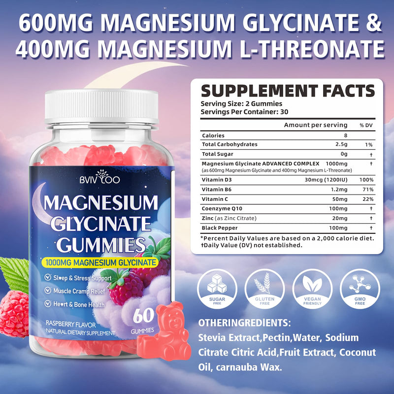 Magnesium Glycinate Gummies 1000mg with L-Threonate, Vitamin D, B6 & CoQ10 - Supports Memory, Calm & Mood - Sugar-Free Raspberry Flavor - 120 Count 2pack