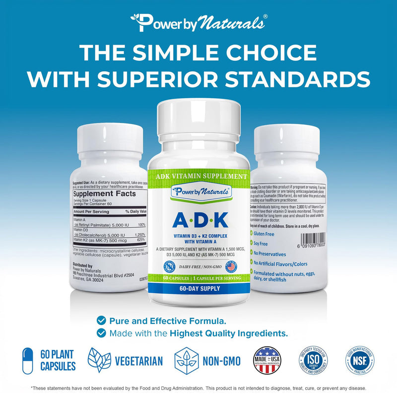 Power By Naturals ADK Vitamin Supplement - Vitamins A, D3 & K2 MK-7 | Vitamins D3 5000 IU & K2 MK-7 for Bone Health & Immune Support - Calcium Absorption - Gluten-Free, Soy-Free - 60ct (2-Month) 1