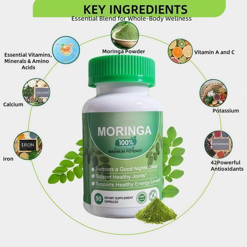 Moringa Capsules， Blended Vitamin & Mineral Supplements Non-GMO & Gluten-Free，90 Capsules 800mg Pure Moringa，Powder Supplement for Energy, Joint, Immunity & Gut Health Support