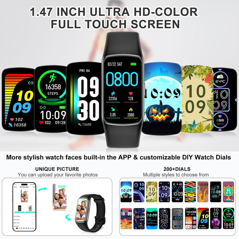 Fitness Tracker, Activity Tracker with 24/7 Heart Rate Blood Oxygen Sleep Monitor, 123 Sports Modes Step Counter, 1.47'' HD Screen Fitness Watch, Smart Watches Pedometer for Women Men Android/iOS black