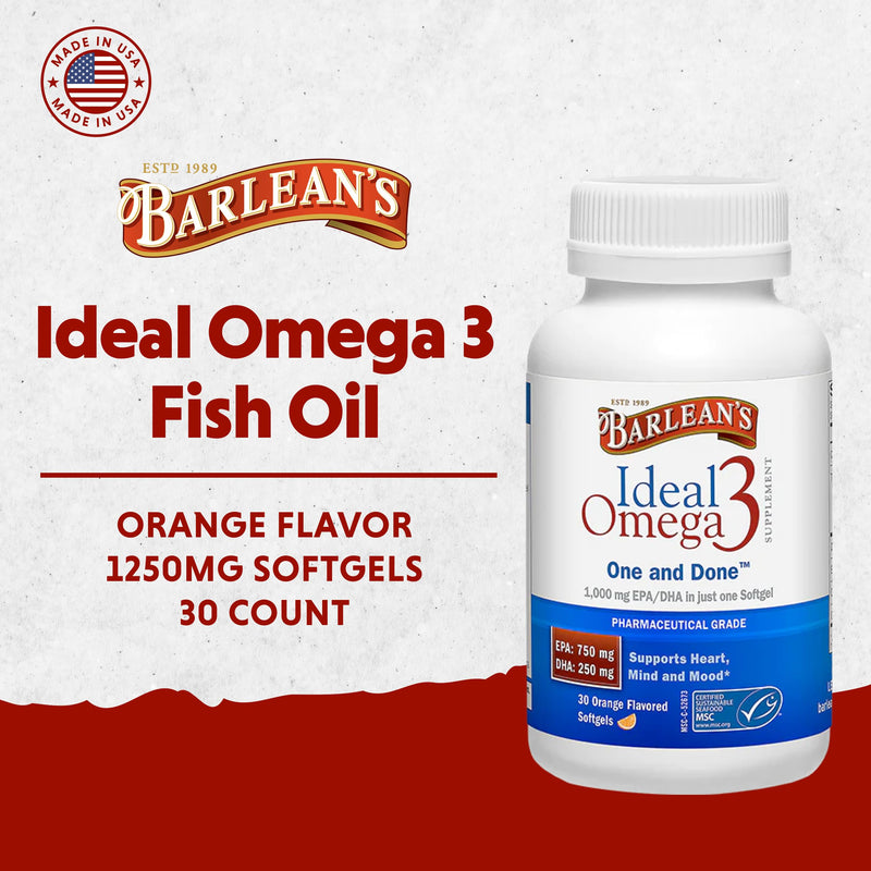 Barlean's Ideal Omega 3 Nutritional Supplement Softgels with 1,000mg EPA/DHA for Heart, Mind, and Mood - Certified Sustainable Seafood, Pharmaceutical Grade - 30-Count | Wild-caught fish oil, EPA DHA omega-3, 1 softgel daily, Burpless, Non-GMO, Gluten-...