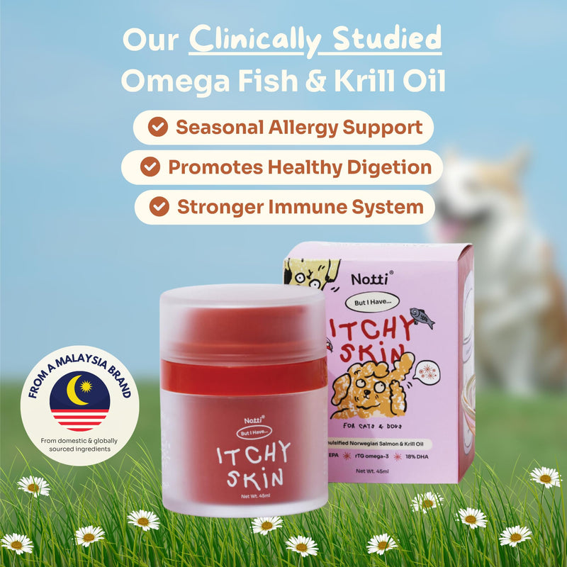 Notti Itchy Skin Allergy Relief - Omega 3 Fish Oil - Itchy Ears - High Concentration - Norwegian Salmon & Krill Oil Pet Supplement for Cats and Dogs - DHA - Probiotics - Joint