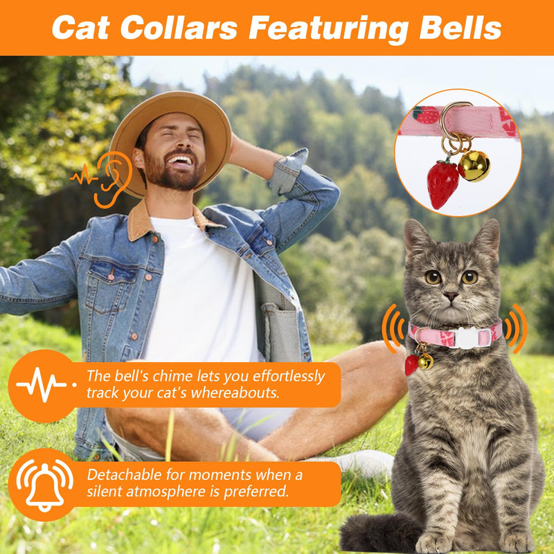 4Styles Cat Collar with Bell, Cute Cotton Cat Collars Quick Release Kitten Collar, Adjustable Breakaway Cat Necklace Collar, Heart Strawberry Flower Charms Cat Collars for Girl Cats Accessories - BeesActive Australia
