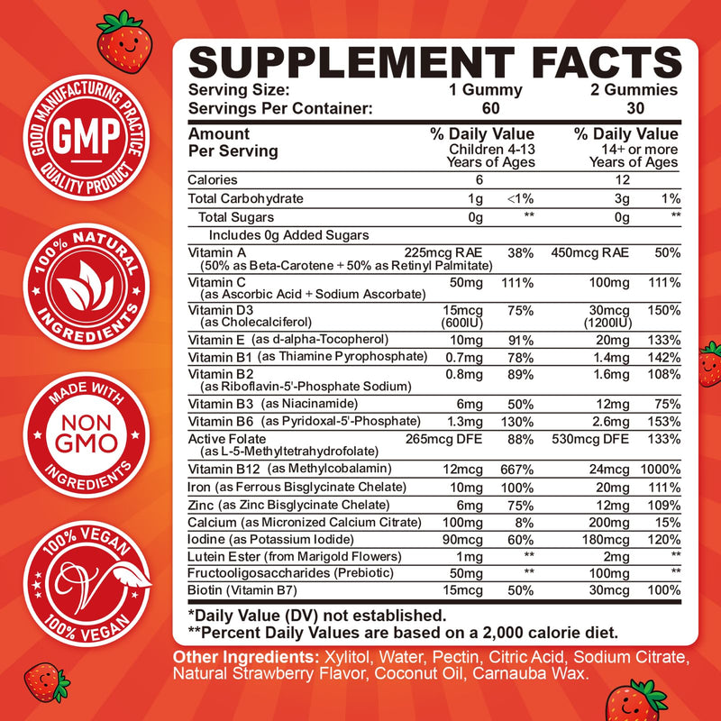 2PCS Iron Gummies for Kids & Teens, Kids Multivitamin with Iron Supplement, Calcium, Folate, Zinc, Prebiotic - for Blood Builder & Energy Support, Iron Deficiency - Vegan & Non-GMO - 120 Count Strawberry 60 Count (Pack of 2)