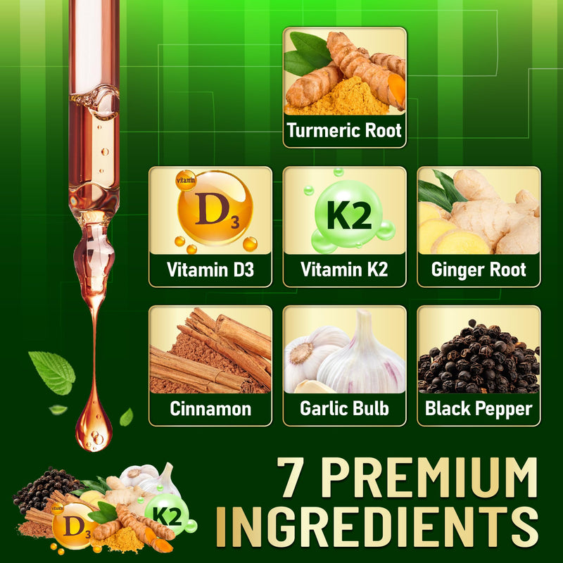 7in1 Liquid Turmeric Curcumin with Vitamin D3, Vitamin K2, Ginger, Ceylon Cinnamon, Garlic, Black Pepper - Drops Extract - 2 Packs of 30ml - 2 Month Supply